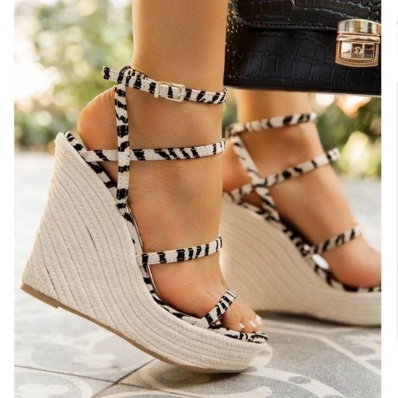Zebra Strappy Espadrille Wedges - Picture 1 of 5